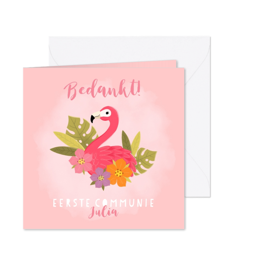 Lieve bedankkaart communie met flamingo, plantjes en bloemen - Kaartimpressie