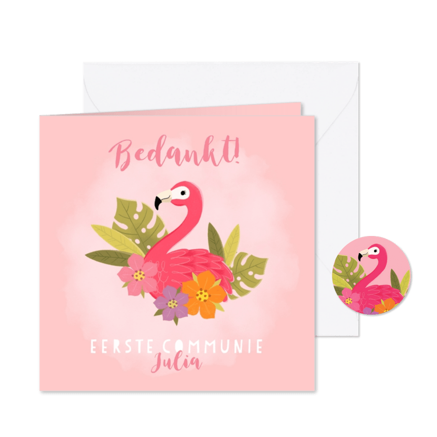 Lieve bedankkaart communie met flamingo, plantjes en bloemen - Kaartimpressie