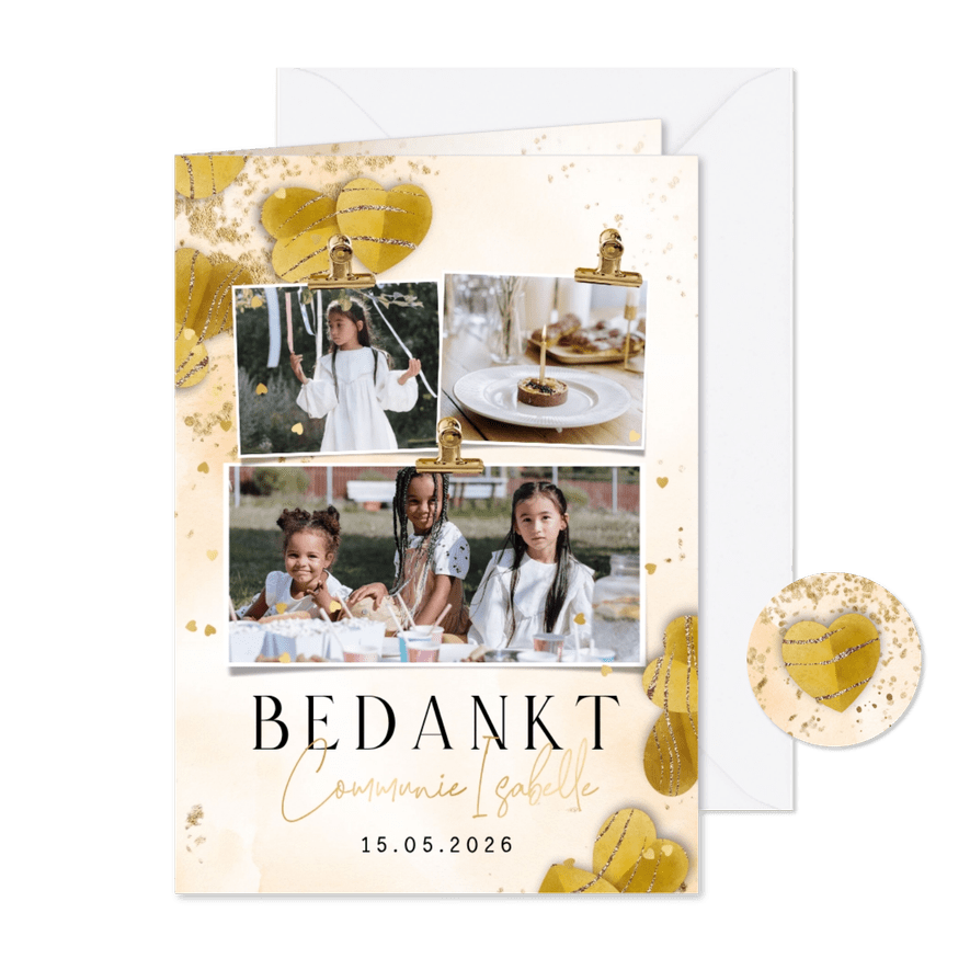 Lieve bedankkaart eerste communie hartjes goud watercolour - Kaartimpressie