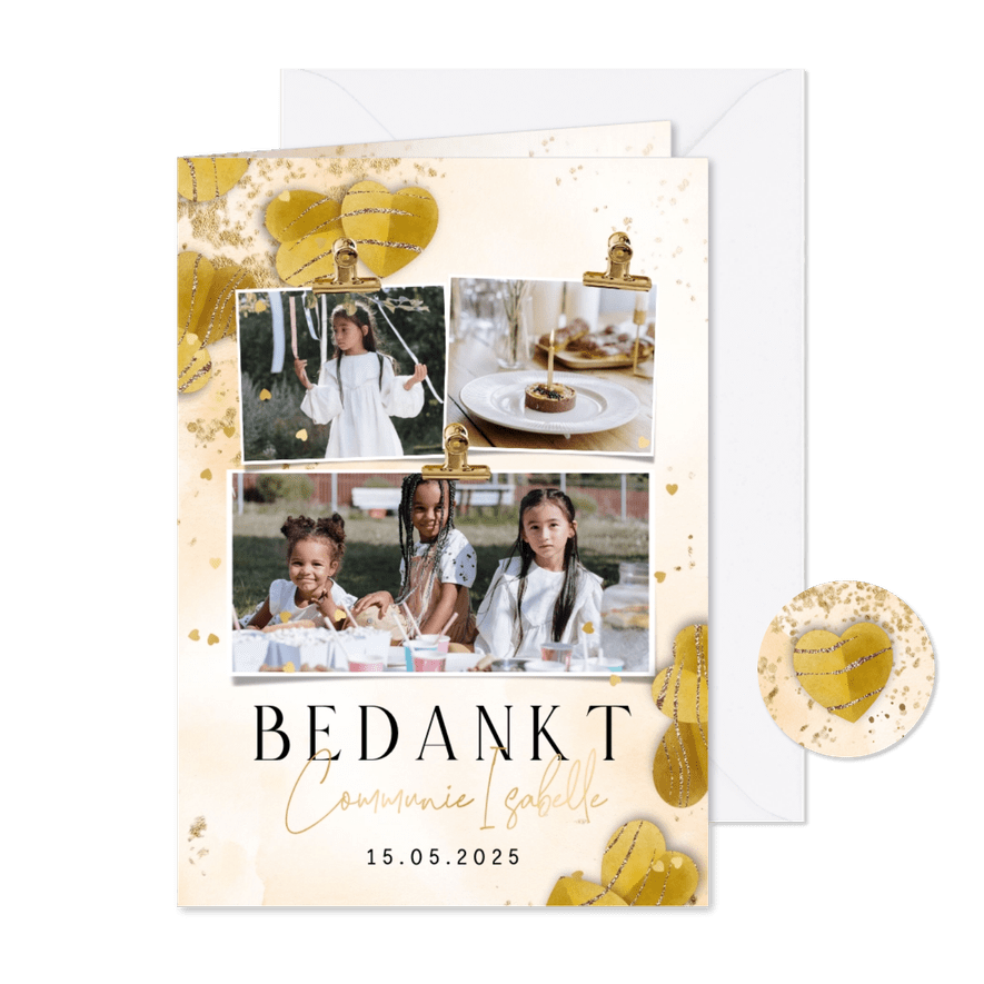 Lieve bedankkaart eerste communie hartjes goud watercolour - Kaartimpressie