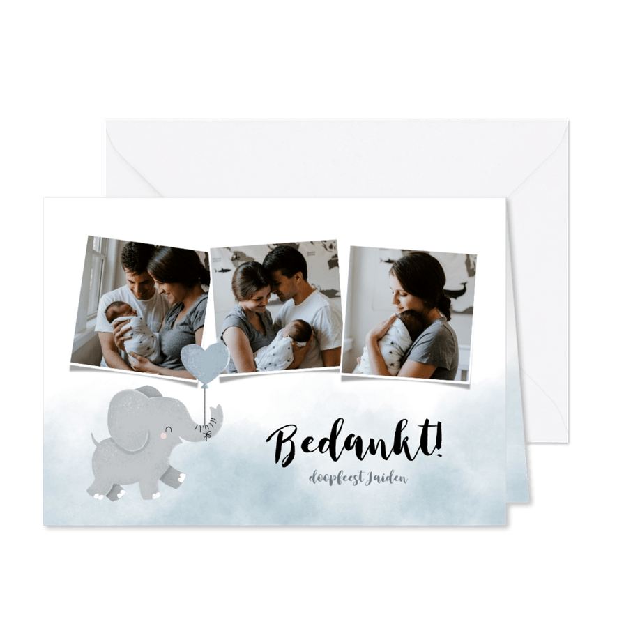 Lieve bedankkaart voor een doopfeest met foto's en olifantje - Kaartimpressie