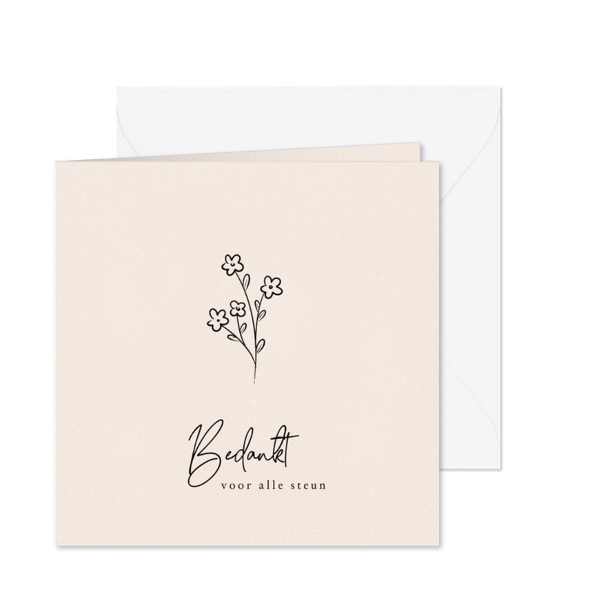 Lieve bedankkaartje voor rouw met lijntekening van bloemetje - Kaartimpressie