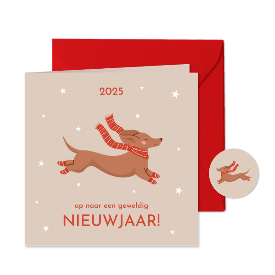 Lieve beige nieuwjaarskaart met teckel met sjaal - Kaartimpressie