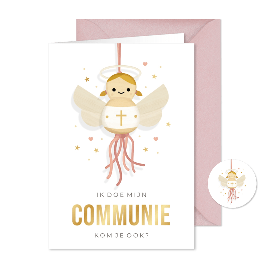Lieve communie uitnodiging meisje - met engel gelukspoppetje - Kaartimpressie