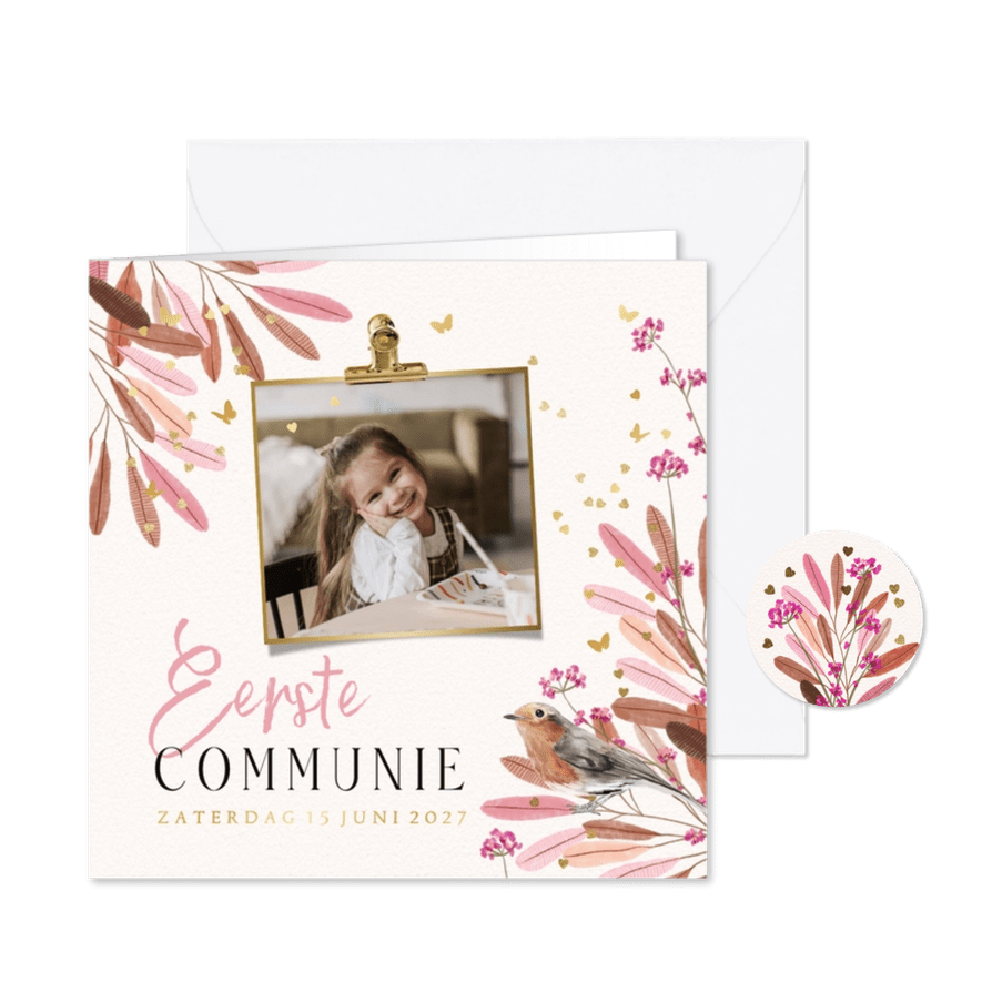 Lieve communiekaart vlindertjes goud bladertak vogel foto - Kaartimpressie