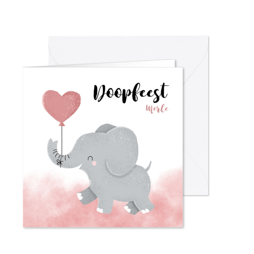 Lieve doopkaart meisje olifantje met ballon en waterverf - Kaartimpressie