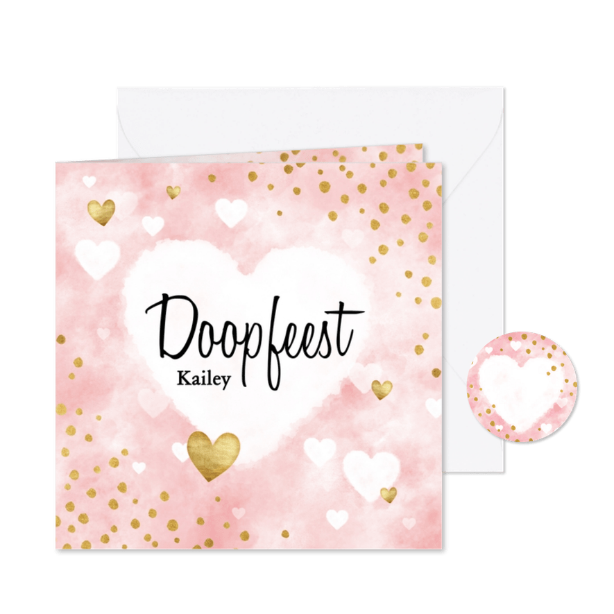 Lieve doopkaart met waterverf, witte en gouden hartjes - Kaartimpressie
