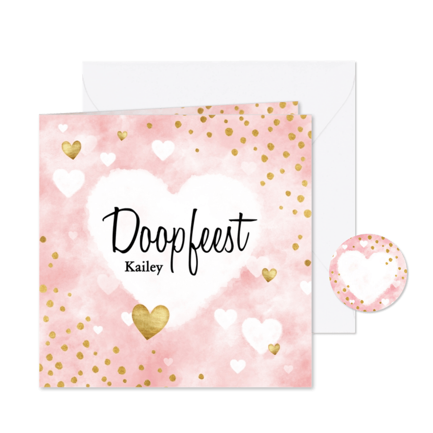 Lieve doopkaart met waterverf, witte en gouden hartjes - Kaartimpressie
