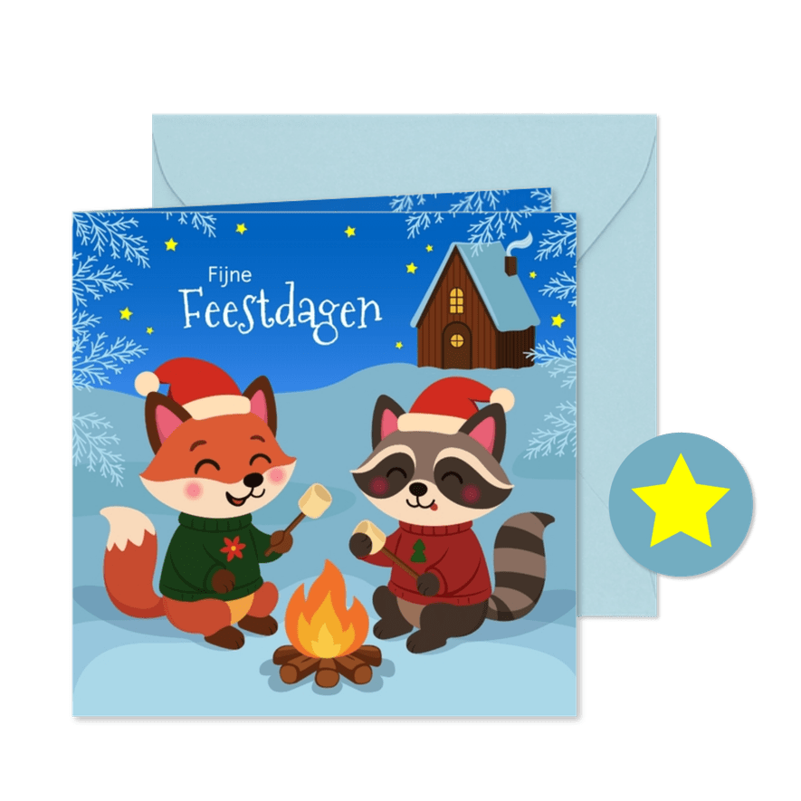 Lieve en grappige kerstkaart met dieren bij kampvuur - Kaartimpressie