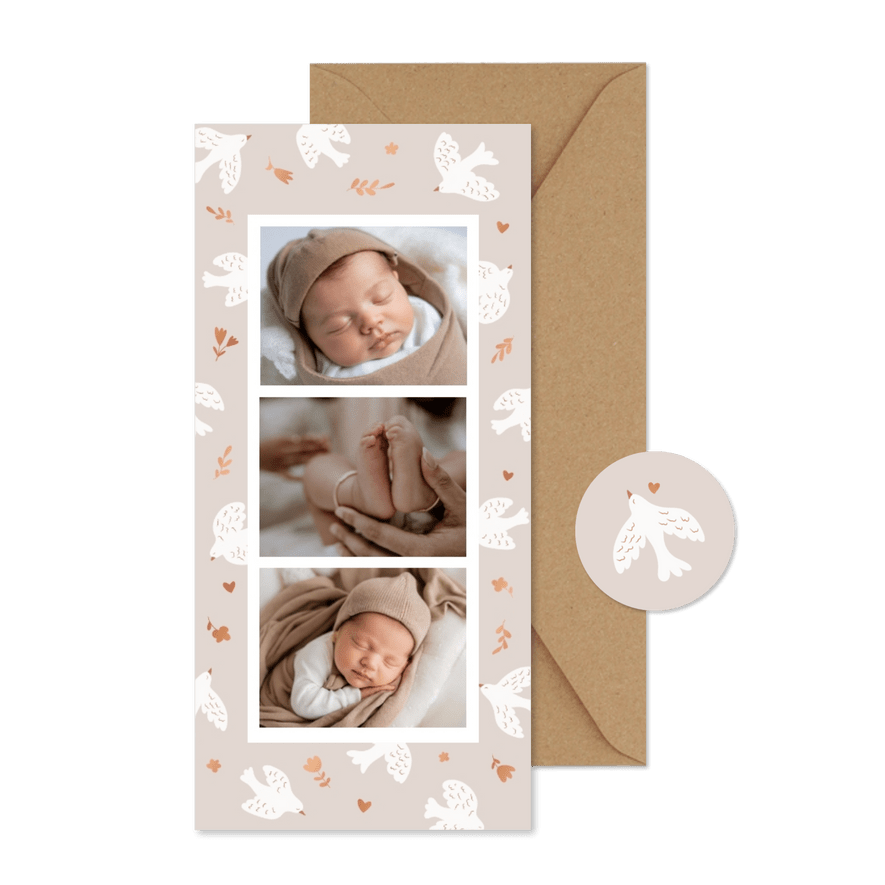 Lieve fotocollage geboortekaartjes beige met duifjes koper - Kaartimpressie