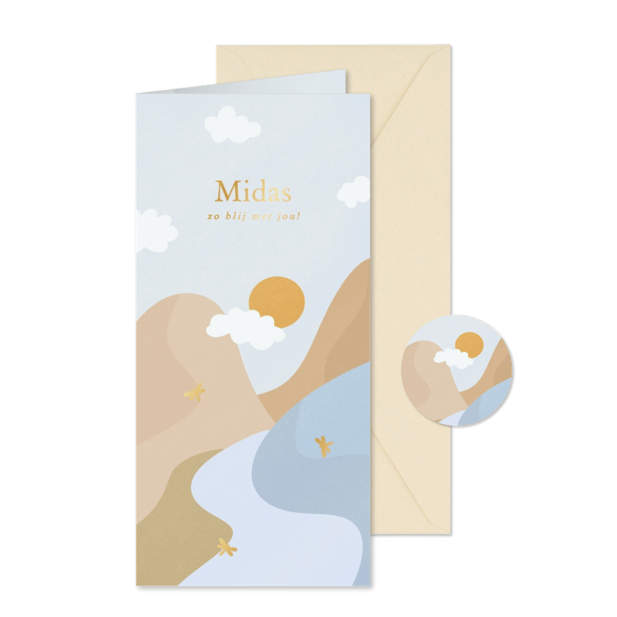 Lieve geboortekaartjes lichtblauw landschap gouden libelle - Kaartimpressie