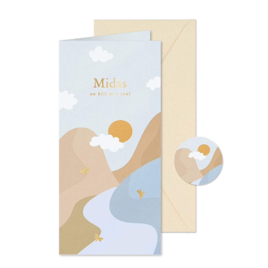 Lieve geboortekaartjes lichtblauw landschap gouden libelle - Kaartimpressie