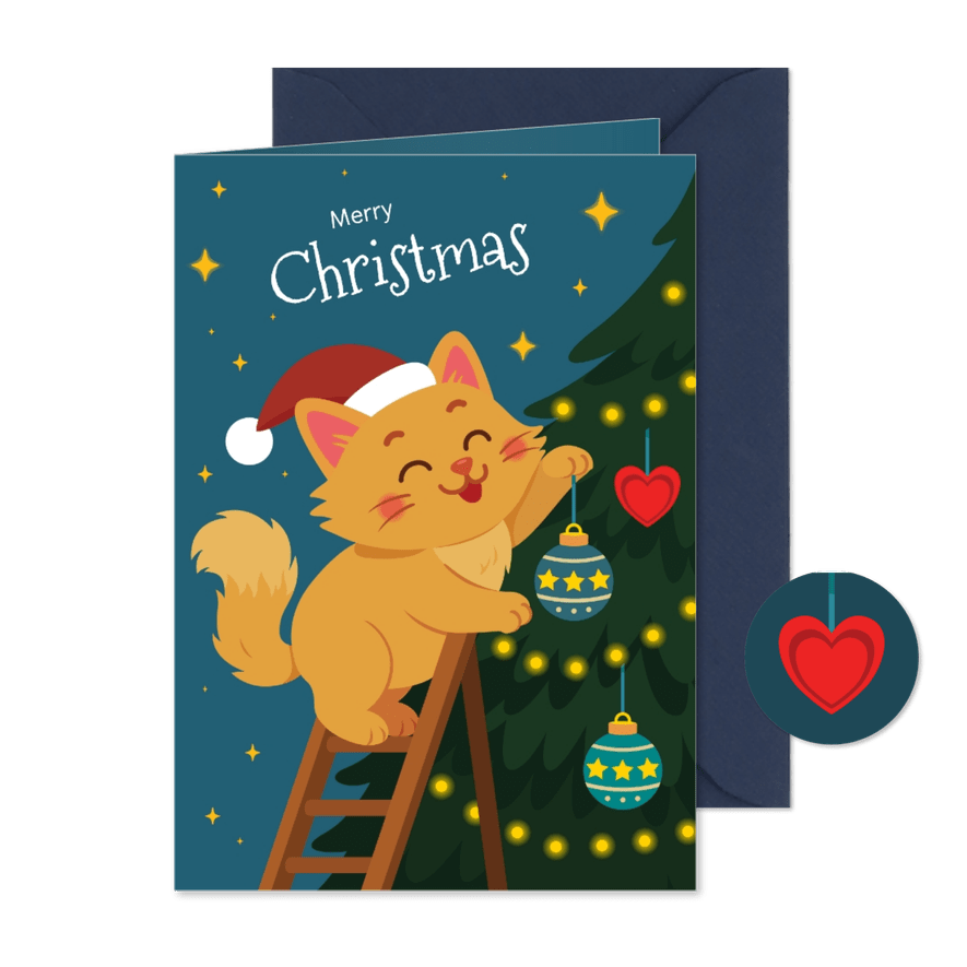 Lieve kat die kerstboom versiert - Kaartimpressie