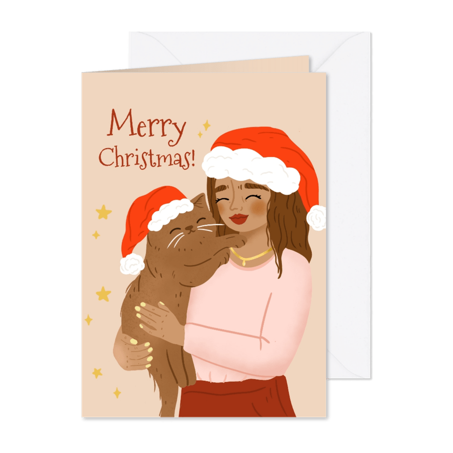 Lieve kerstkaart illustratie vrouw met kat - Kaartimpressie