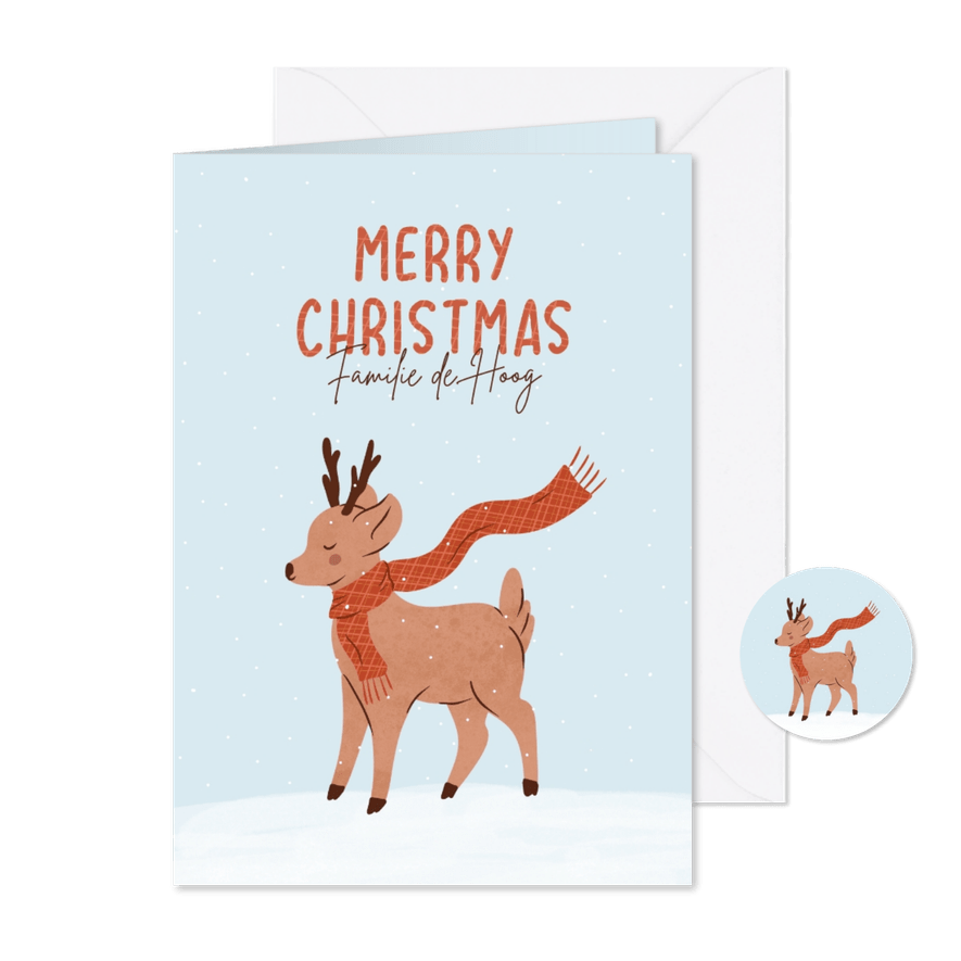 Lieve kerstkaart met hertje met sjaal - Kaartimpressie