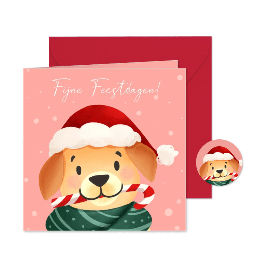 Lieve kerstkaart met hond in kerstmuts - Kaartimpressie