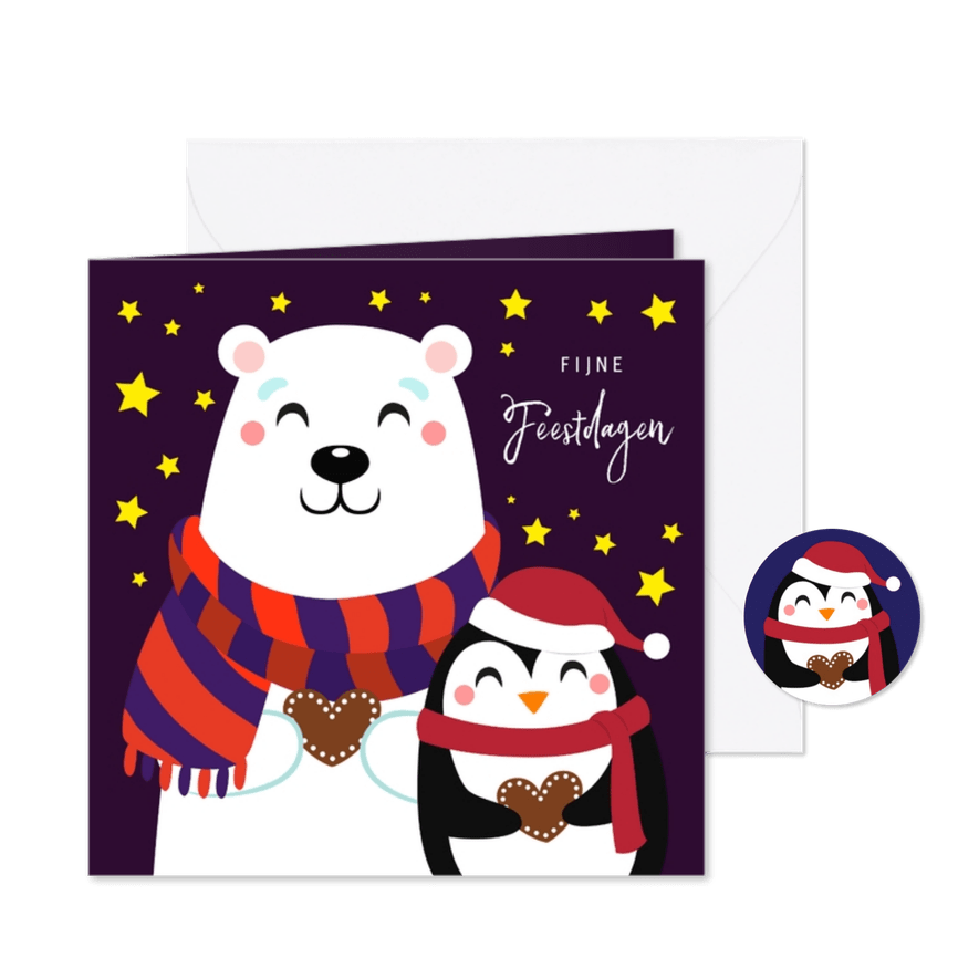 Lieve kerstkaart met ijsbeer en pinguïn - Kaartimpressie