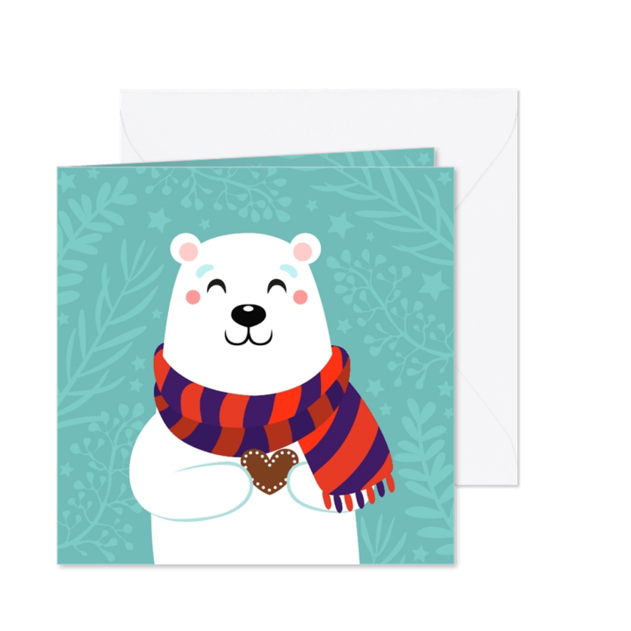 Lieve kerstkaart met ijsbeer met hartje - Kaartimpressie