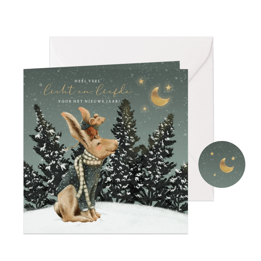 Lieve kerstkaart met illustratie haas en muis onder de maan - Kaartimpressie