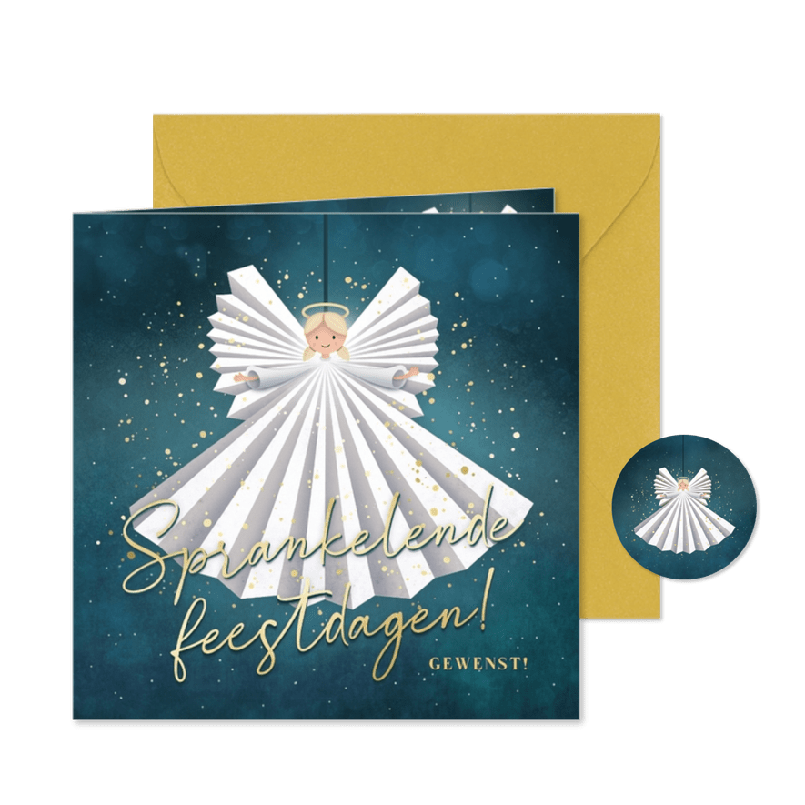 Lieve kerstkaart met illustratie van engel met glitters - Kaartimpressie