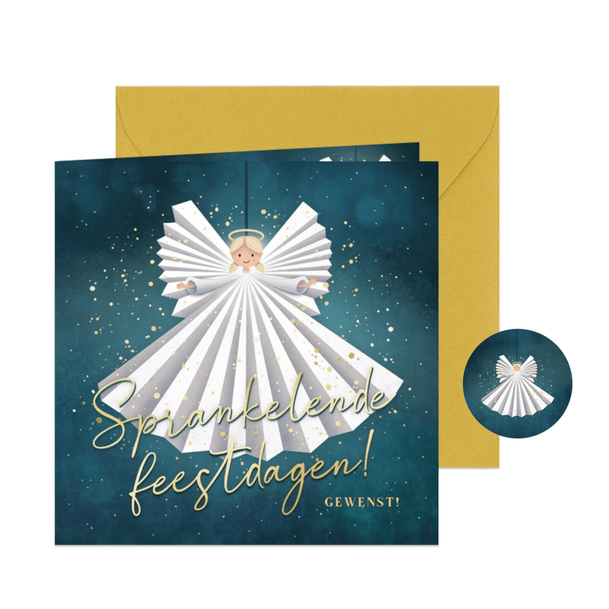 Lieve kerstkaart met illustratie van engel met glitters - Kaartimpressie