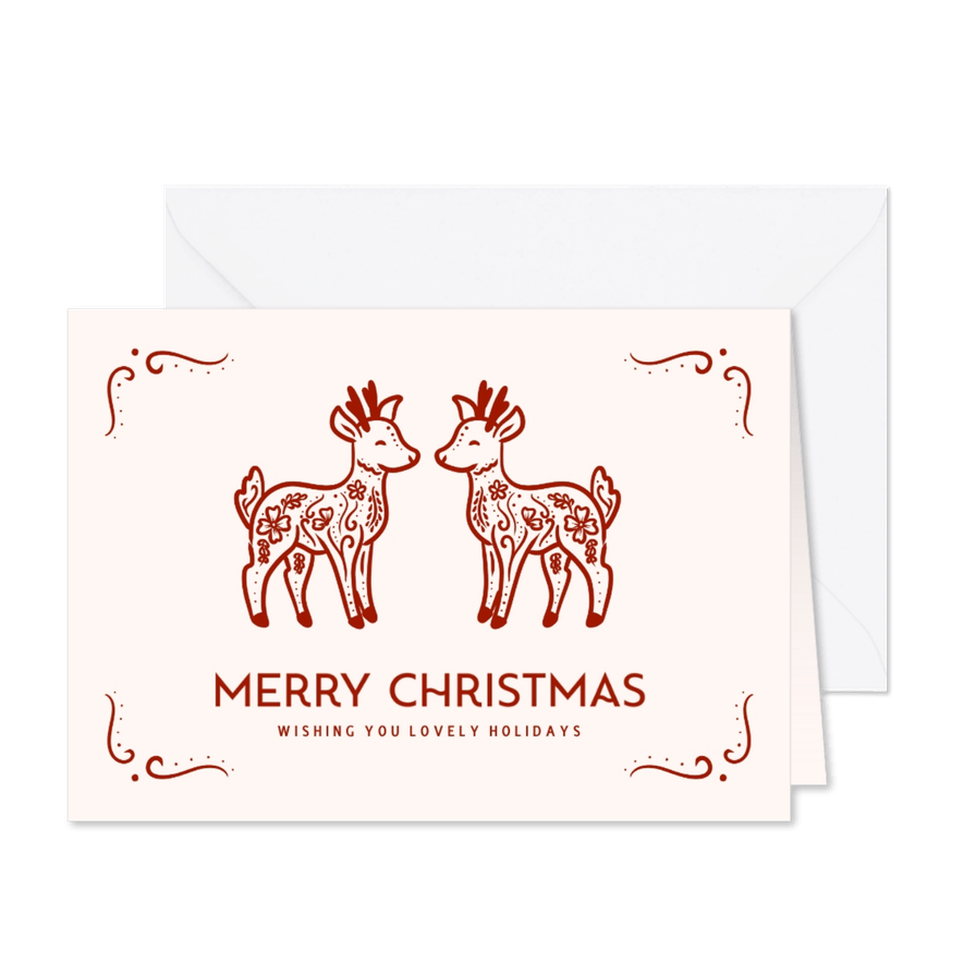 Lieve kerstkaart met illustratie van hertjes en ornamenten - Kaartimpressie