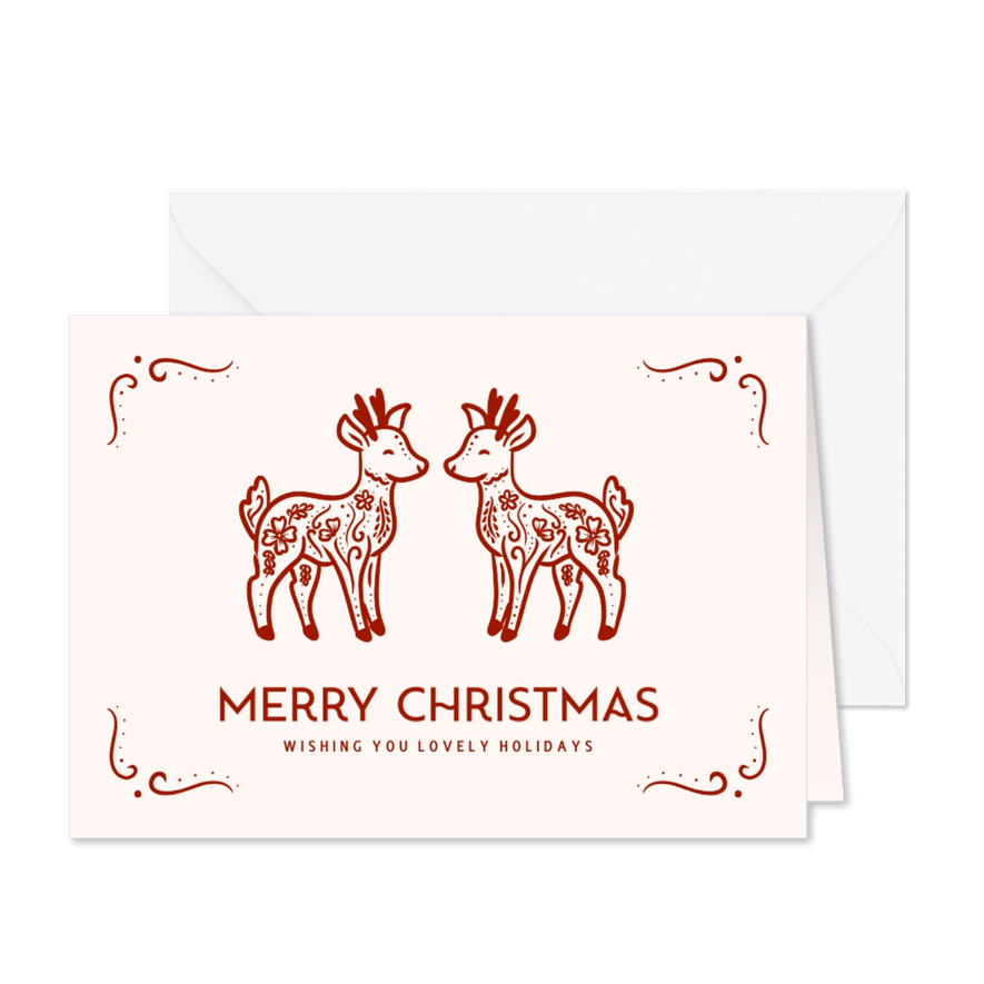 Lieve kerstkaart met illustratie van hertjes en ornamenten - Kaartimpressie