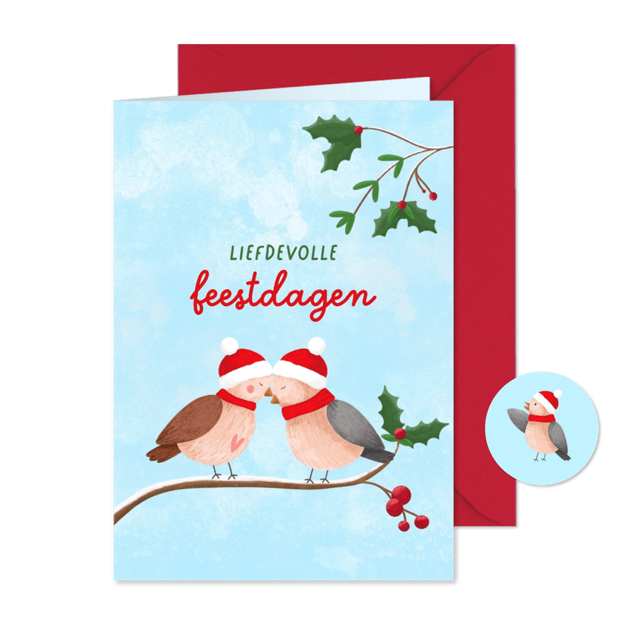Lieve kerstkaart met illustratie van twee musjes in winter - Kaartimpressie