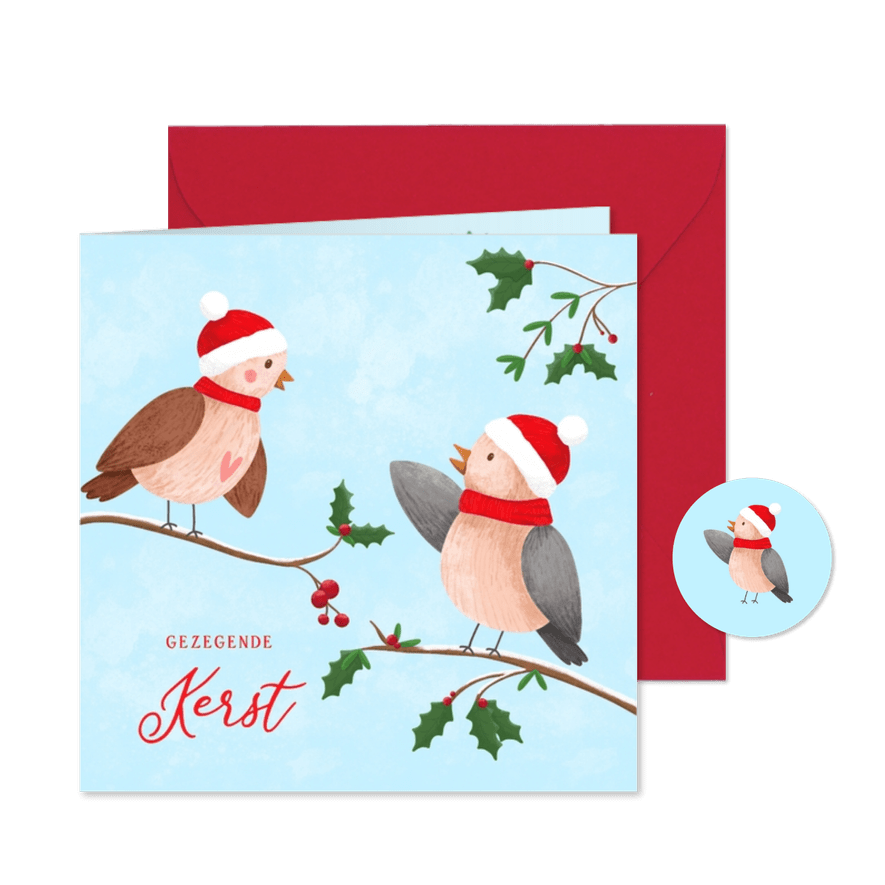 Lieve kerstkaart met illustratie van twee musjes - Kaartimpressie