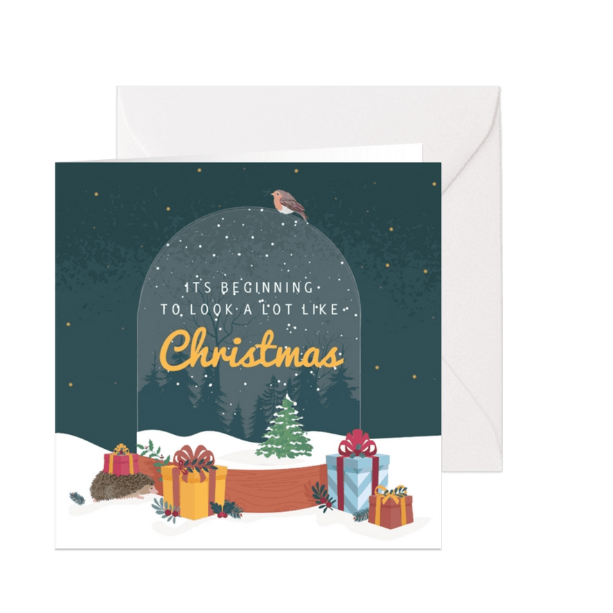 Lieve kerstkaart met kerst illustratie van een stolp - Kaartimpressie