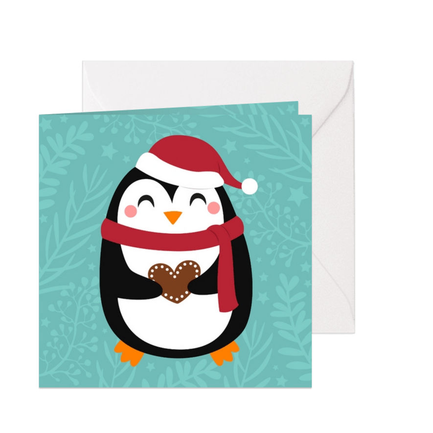 Lieve kerstkaart met pinguin en hartje - Kaartimpressie