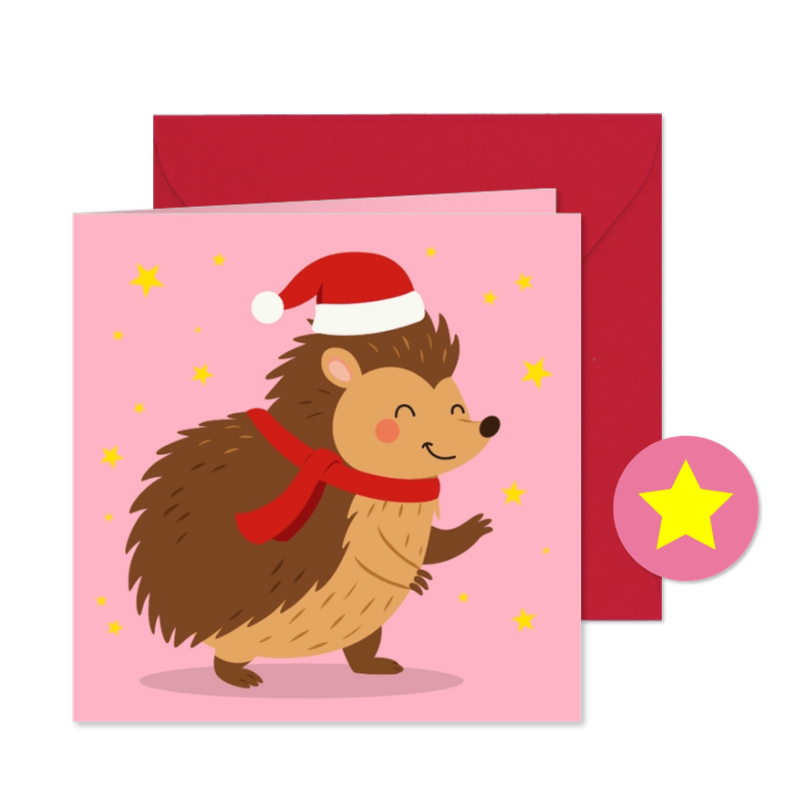 Lieve kerstkaart met vrolijke egel - Kaartimpressie