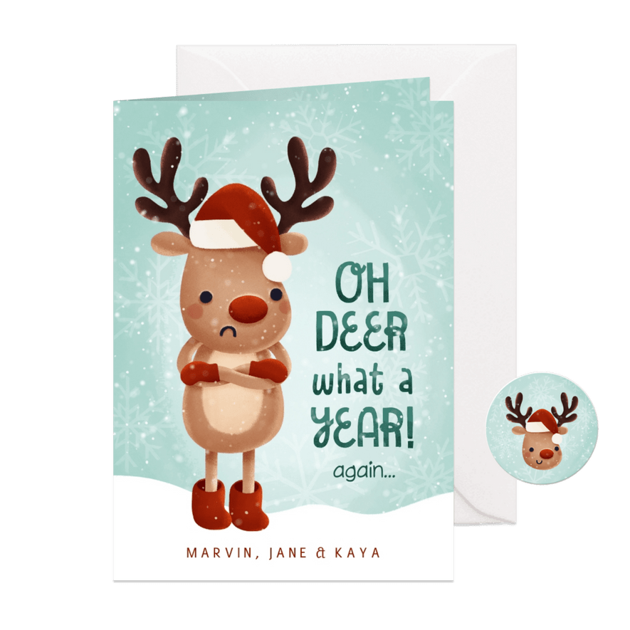 Lieve kerstkaart Oh deer what a year again hertje en sneeuw - Kaartimpressie