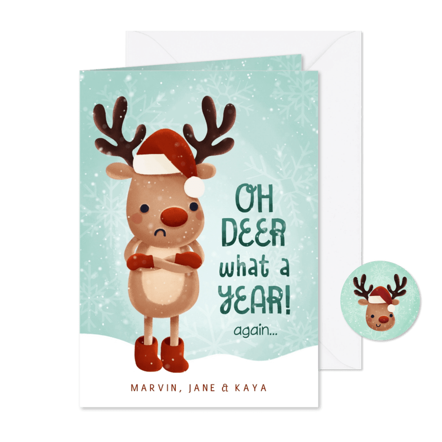 Lieve kerstkaart Oh deer what a year again hertje en sneeuw - Kaartimpressie