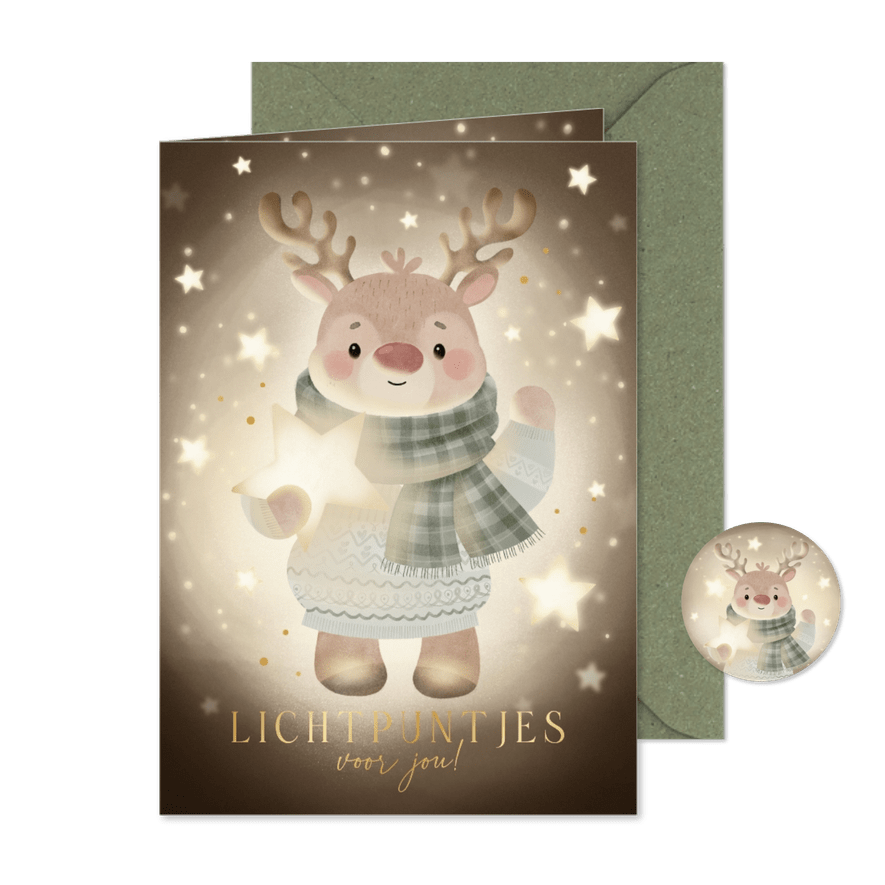 Lieve kerstkaart rendier met sterren lichtpuntjes voor jou - Kaartimpressie