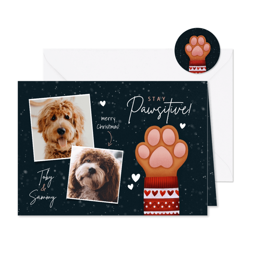 Lieve kerstkaart Stay Pawsitive hondenpootje en foto's - Kaartimpressie