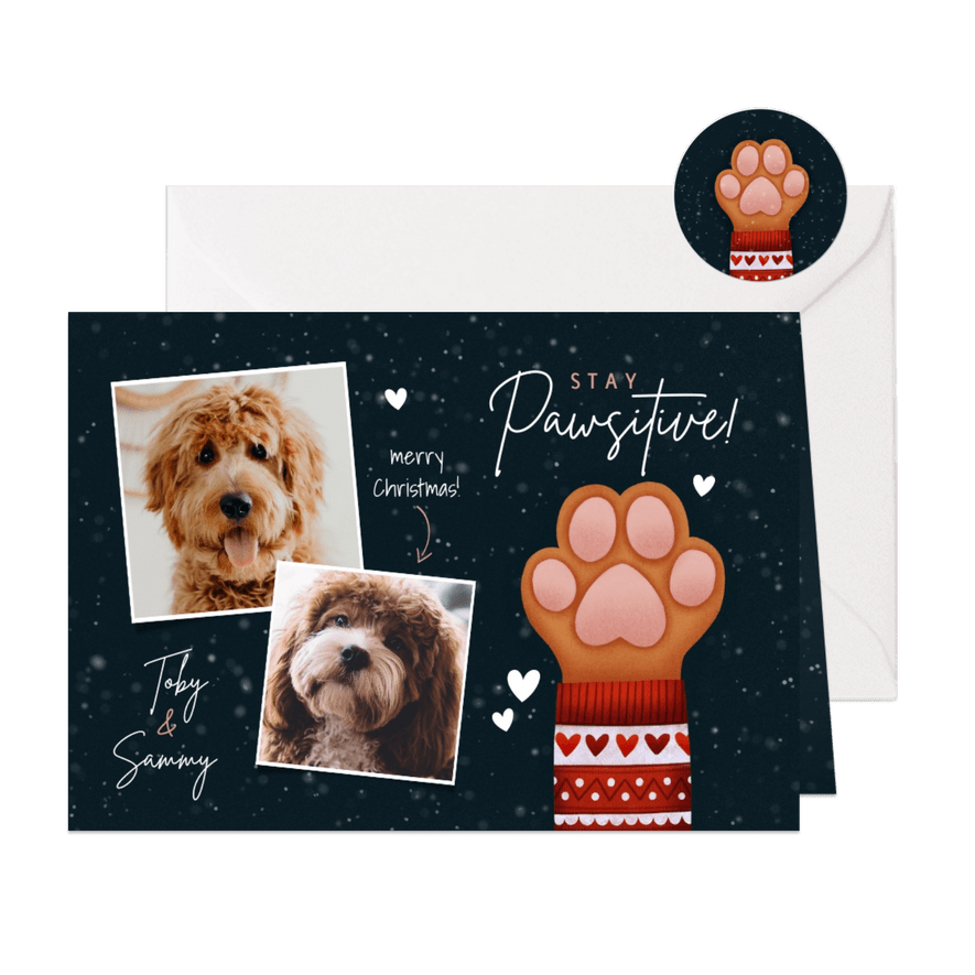 Lieve kerstkaart Stay Pawsitive hondenpootje en foto's - Kaartimpressie