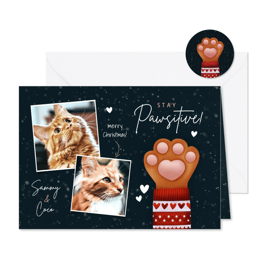 Lieve kerstkaart Stay Pawsitive, kattenpootje en foto's - Kaartimpressie
