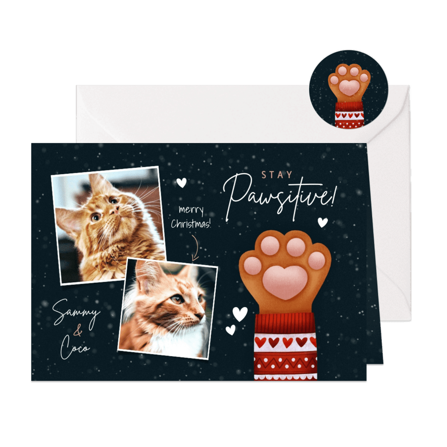 Lieve kerstkaart Stay Pawsitive, kattenpootje en foto's - Kaartimpressie