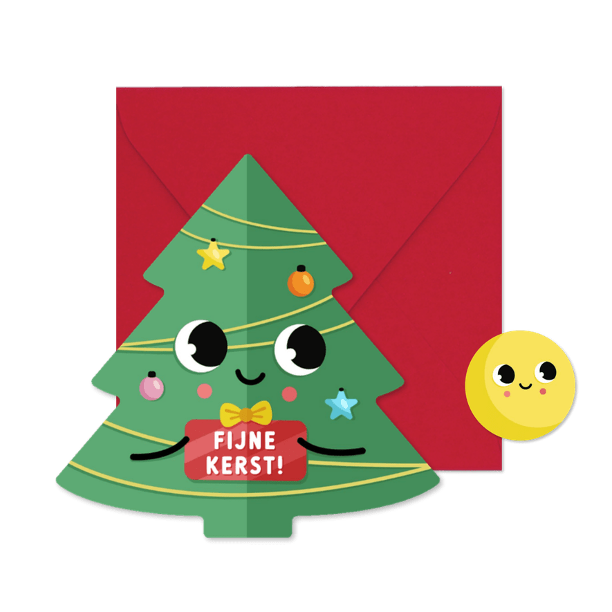 Lieve kerstkaart voor kinderen kerstboom met oogjes - Kaartimpressie