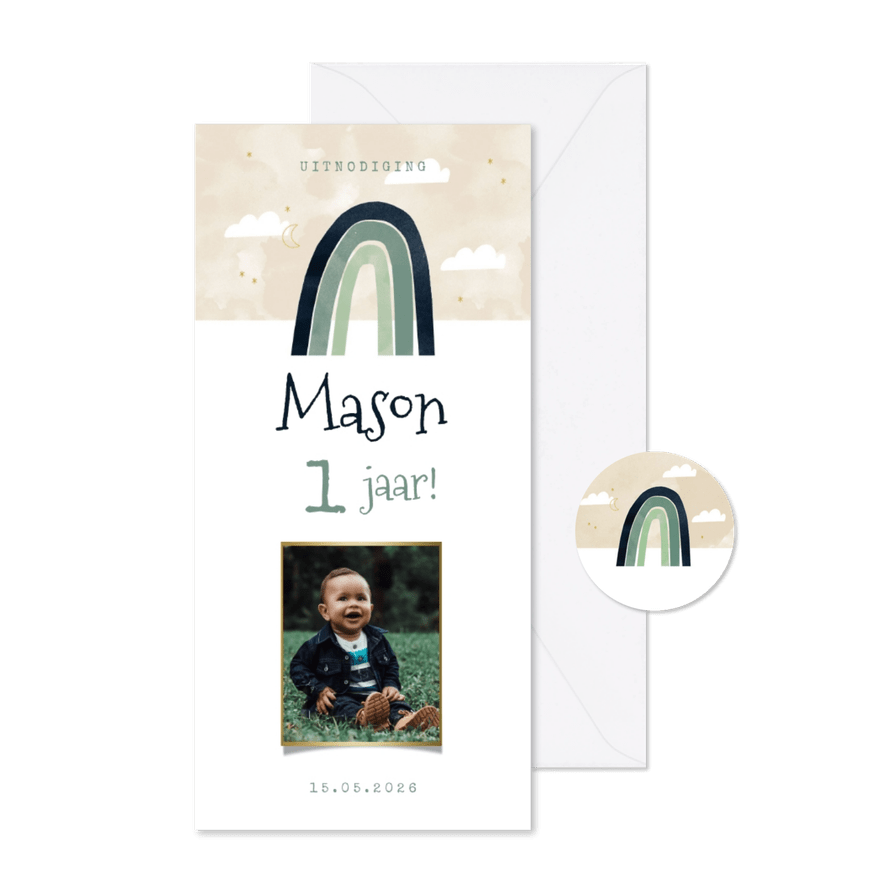 Lieve kinderfeestje eerste verjaardag uitnodiging regenboog - Kaartimpressie
