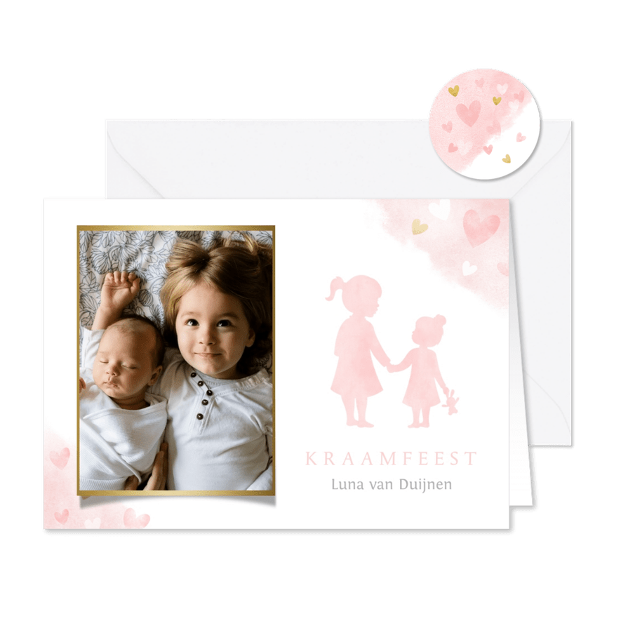 Lieve kraamfeest uitnodiging met silhouet 2 zusjes en foto - Kaartimpressie