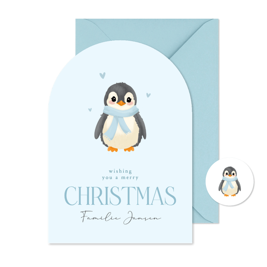 Lieve lichtblauwe kerstkaart boog met baby pinguin - Kaartimpressie