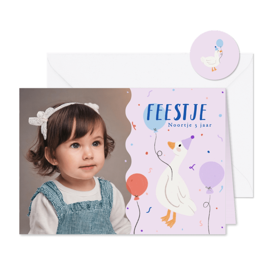 Lieve lila uitnodiging kinderfeestje met gansjes en foto - Kaartimpressie