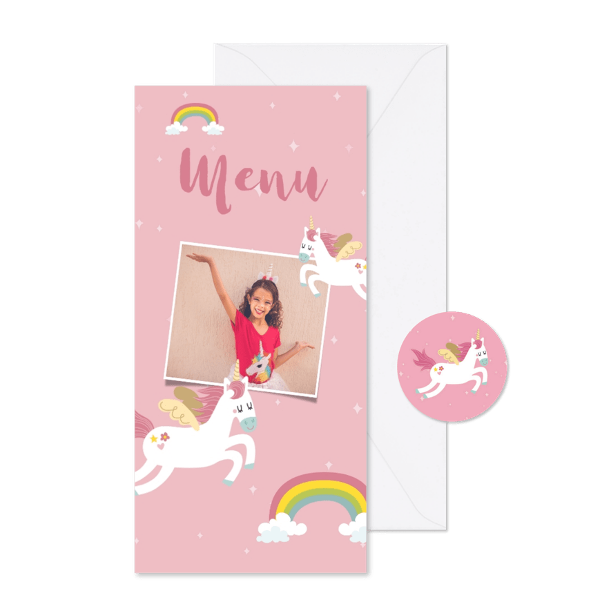 Lieve menukaart eerste communie met eenhoorns en regenbogen - Kaartimpressie