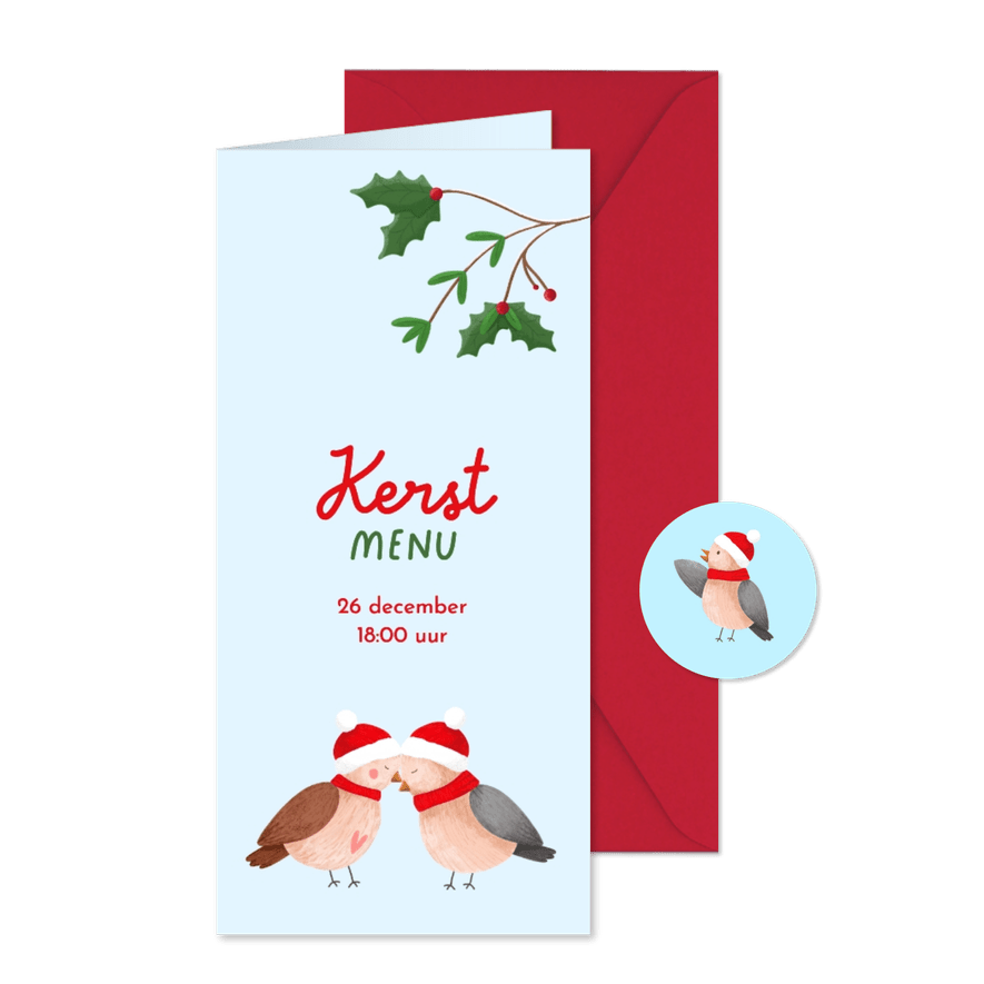 Lieve menukaart met illustratie van twee musjes - Kaartimpressie