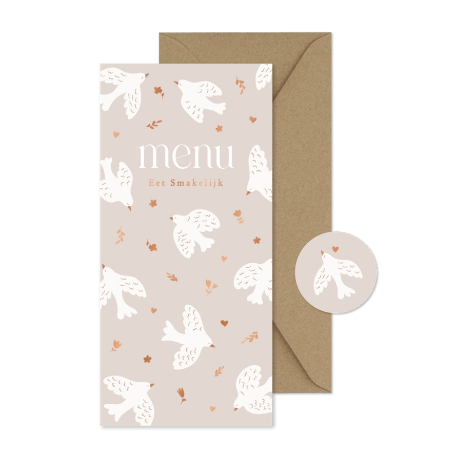 Lieve menukaarten communie met duifjes en bloemetjes beige - Kaartimpressie