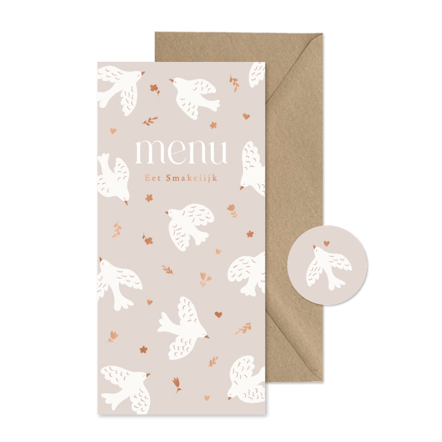 Lieve menukaarten communie met duifjes en bloemetjes beige - Kaartimpressie