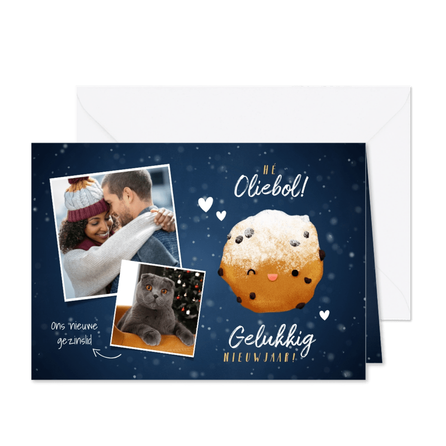 Lieve nieuwjaarskaart Hé Oliebol met foto's en oliebol - Kaartimpressie