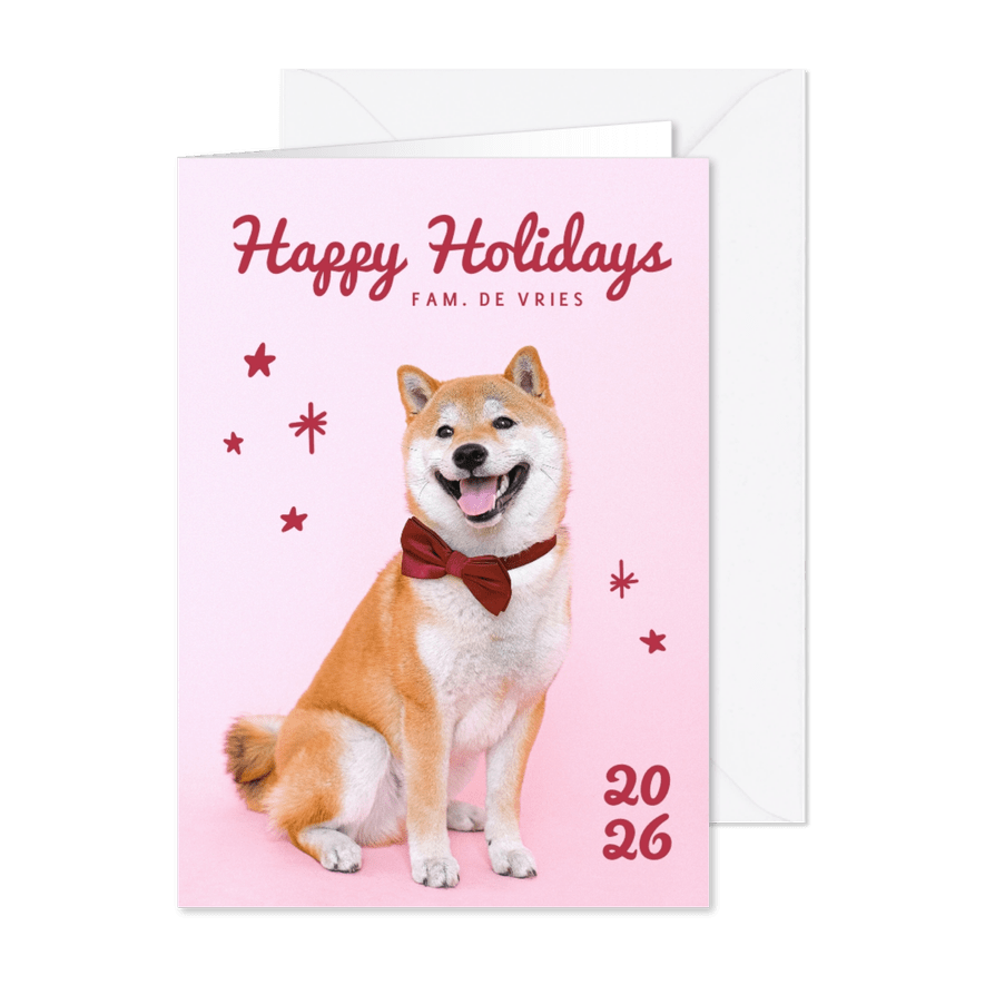 Lieve nieuwjaarskaart met hondje met strik - Kaartimpressie